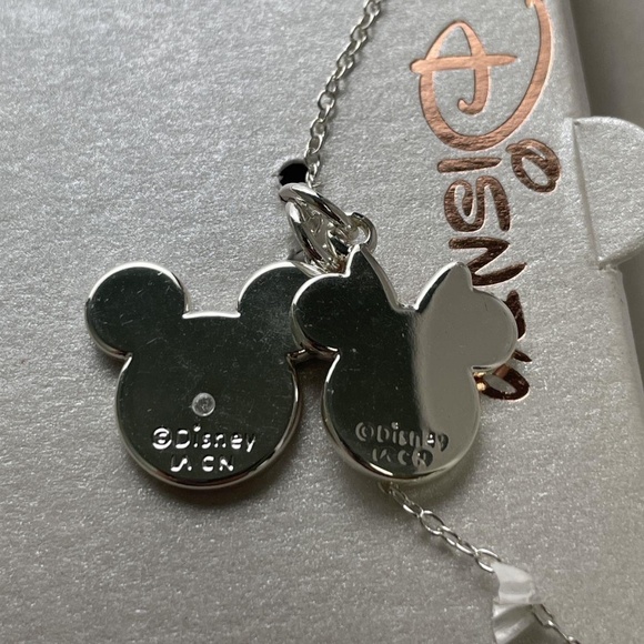 NIB Disney Fine Silver Plated & Enamel Mickey & Minnie Double Pendant Necklace - Picture 4 of 6